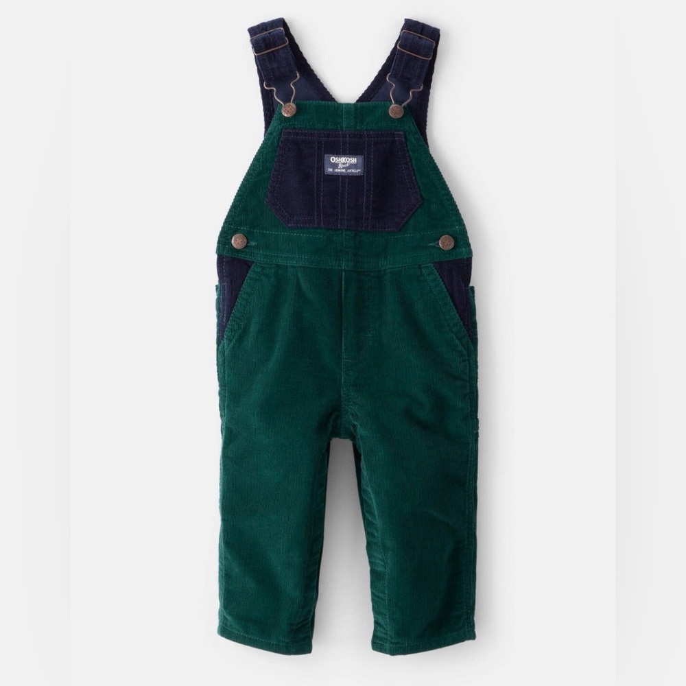 OshKosh B'gosh Green Corduroy Overalls 12 months Baby Blue Color Block Accent